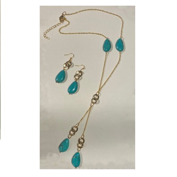 Long 15 1/2" Faux Turquoise Necklace with Matching Earrings - Picture 2 of 2